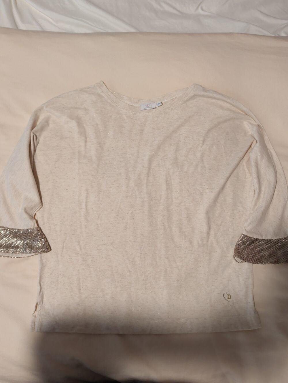 Dismero Italy Womens Cream Knit 3/4 Sleeve Top Sequin Cuff Detail Size S Small